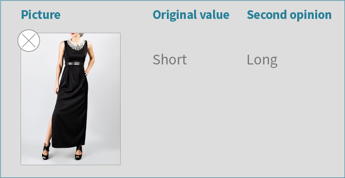 Example of image-based attribute verification example with a verification UI, correcting dress length classification error. 