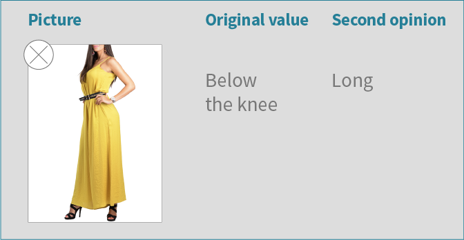 Additional example of image-based attribute verification example with a verification UI, correcting dress length classification error. 