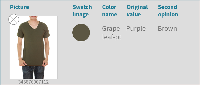 Example of image-based attribute verification example with a verification UI, correcting color classification error. 