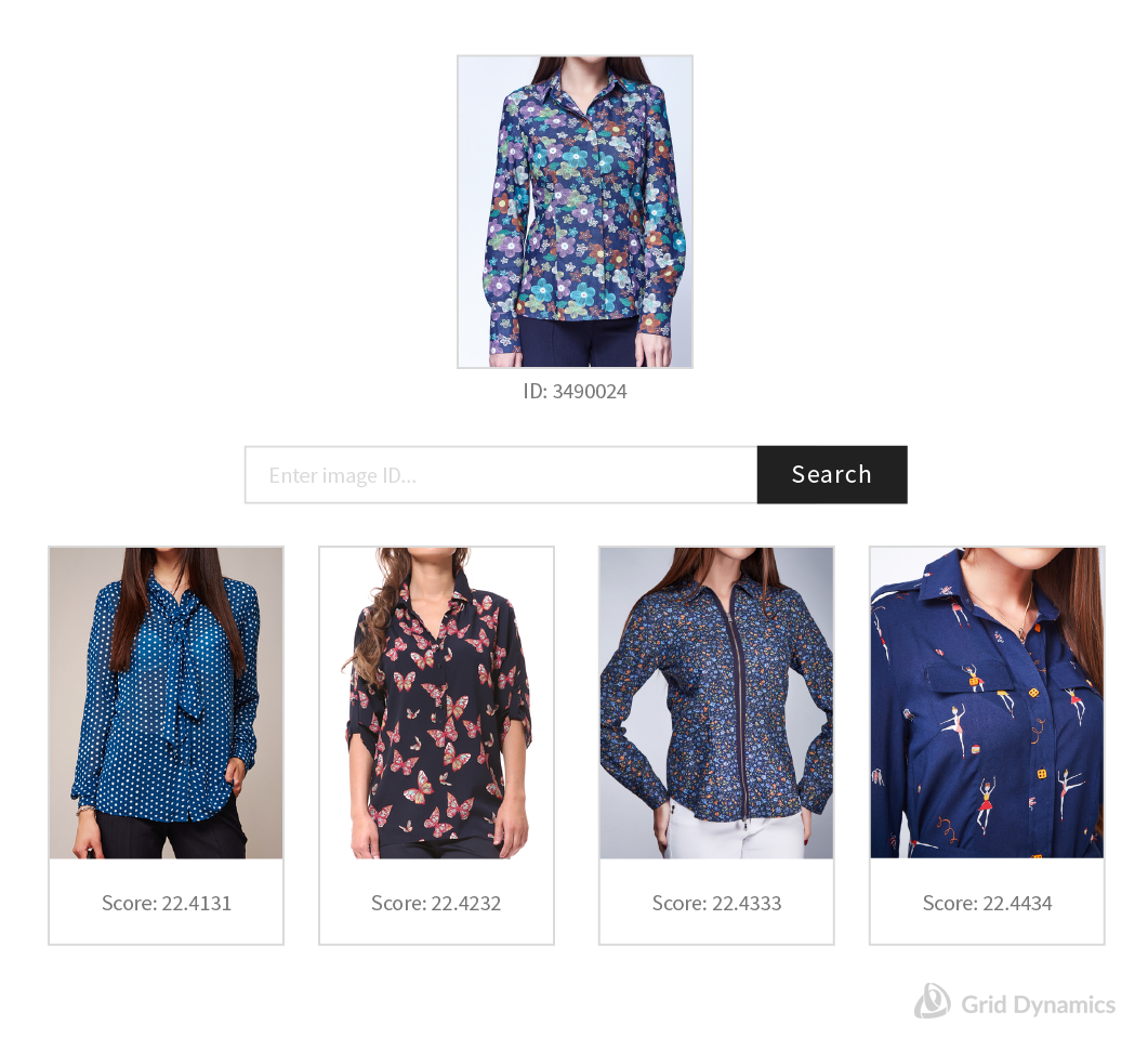 An example of image search, powered by machine learning , to find women’s patterned button up shirts.