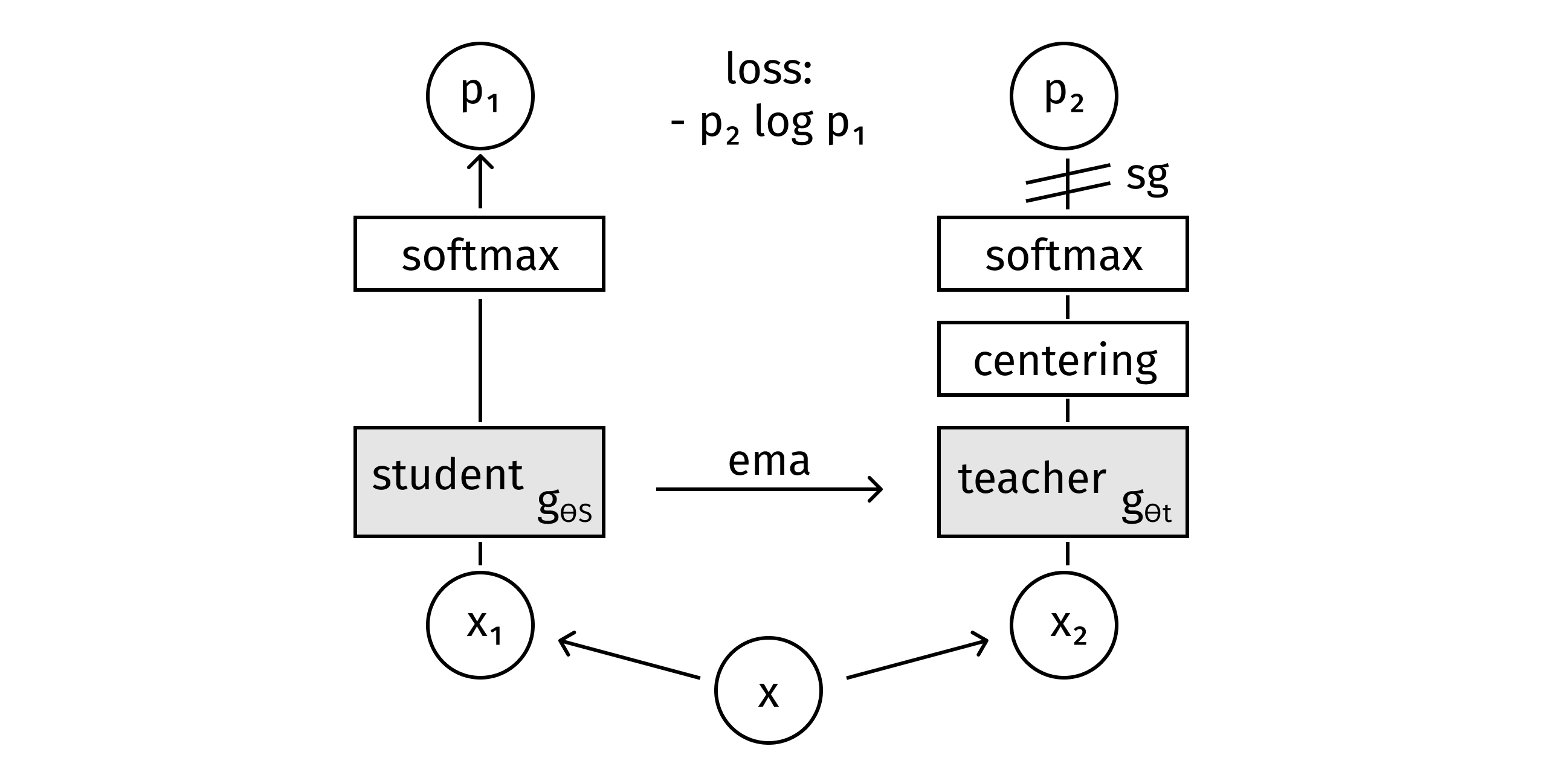 Self-distillation with no labels. DINO is illustrated here in the case of one single pair of views (x1, x2) for simplicity