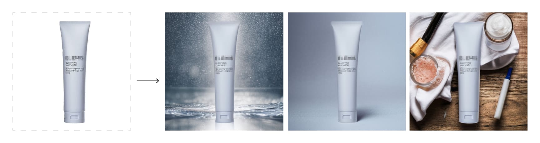 Examples of a cosmetics product with different generated backgrounds using various prompts