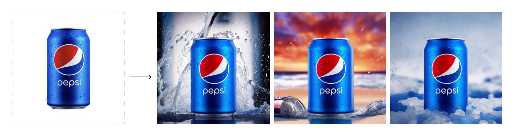 Examples of a Pepsi can with different backgrounds using various prompts