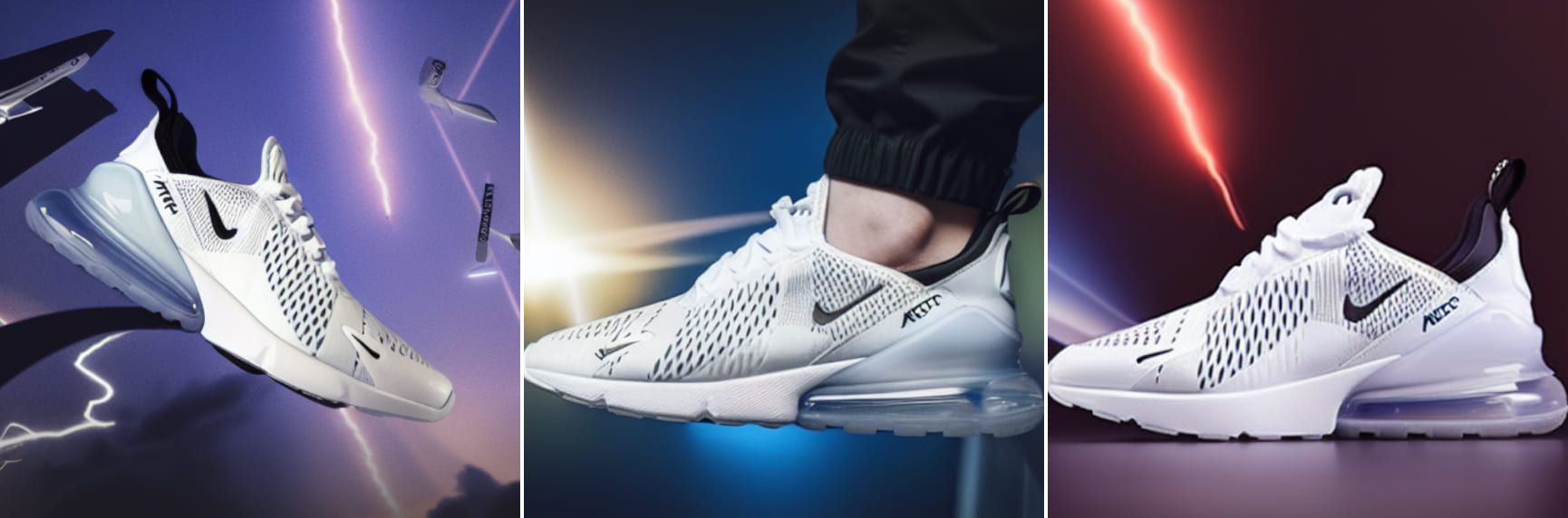 “a marketing photo of [V] shoes with lightning in the background”