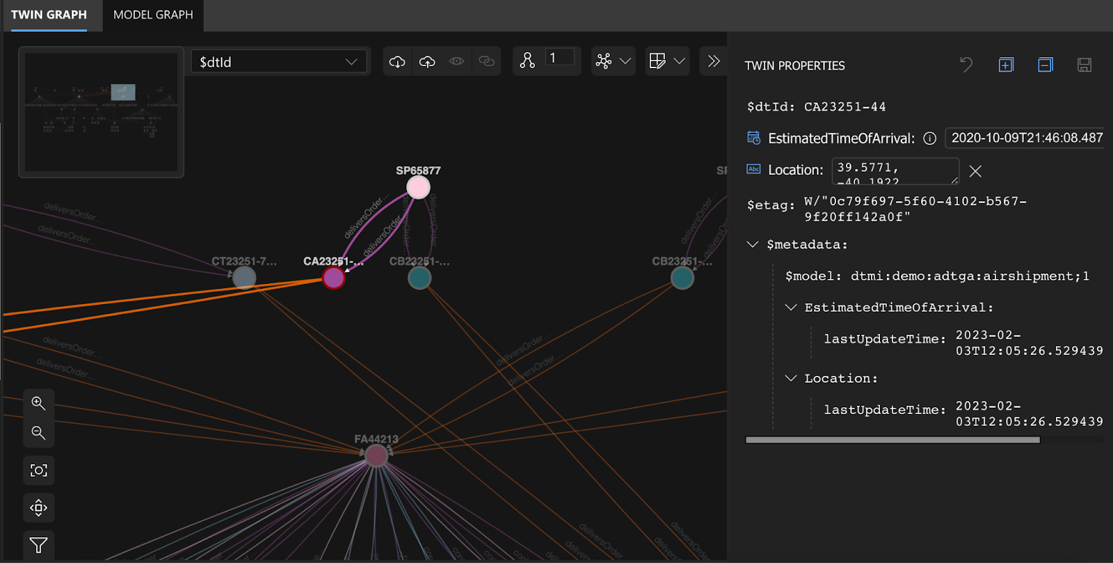 Air shipment example in Azure Digital Twins Explorer