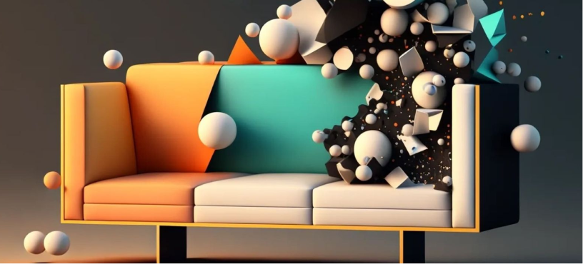 A green and orange sofa with 3D ball around